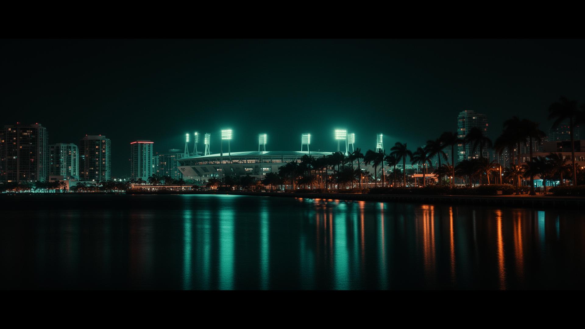 Miami skyline at night with stadium lights