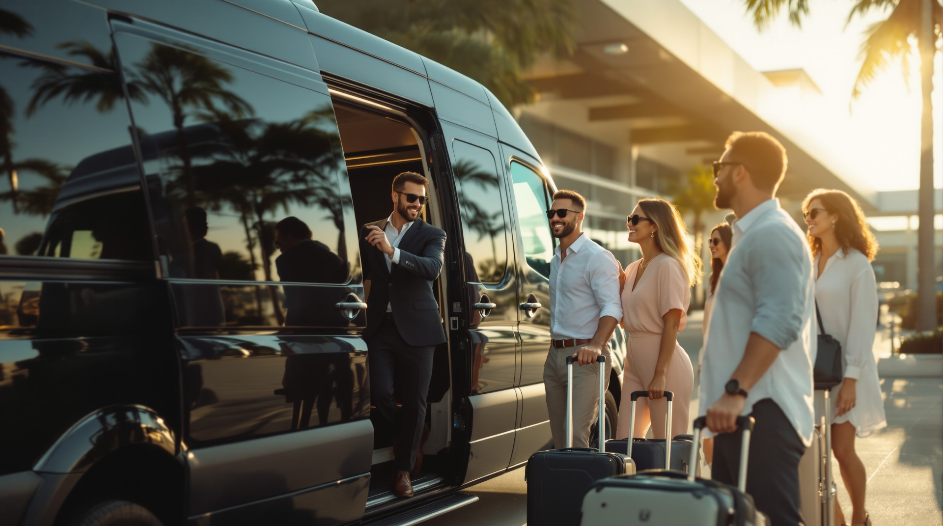 Group of travelers being greeted at a Miami airport curb by a luxury Mercedes Sprinter van and driver during golden hour.